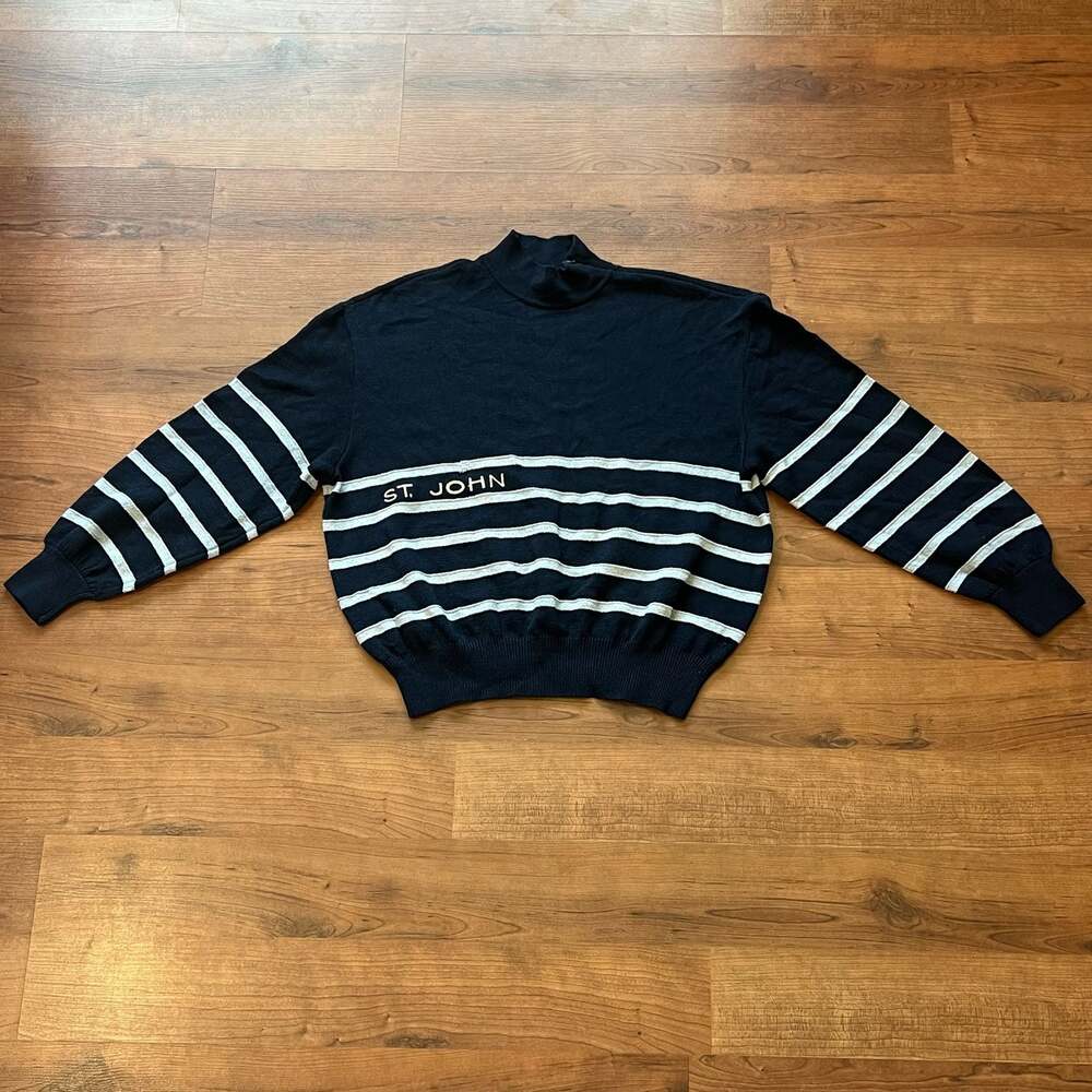 St. John Separates Vintage Sailor Navy Blue Knit Striped Mock Neck Sweater